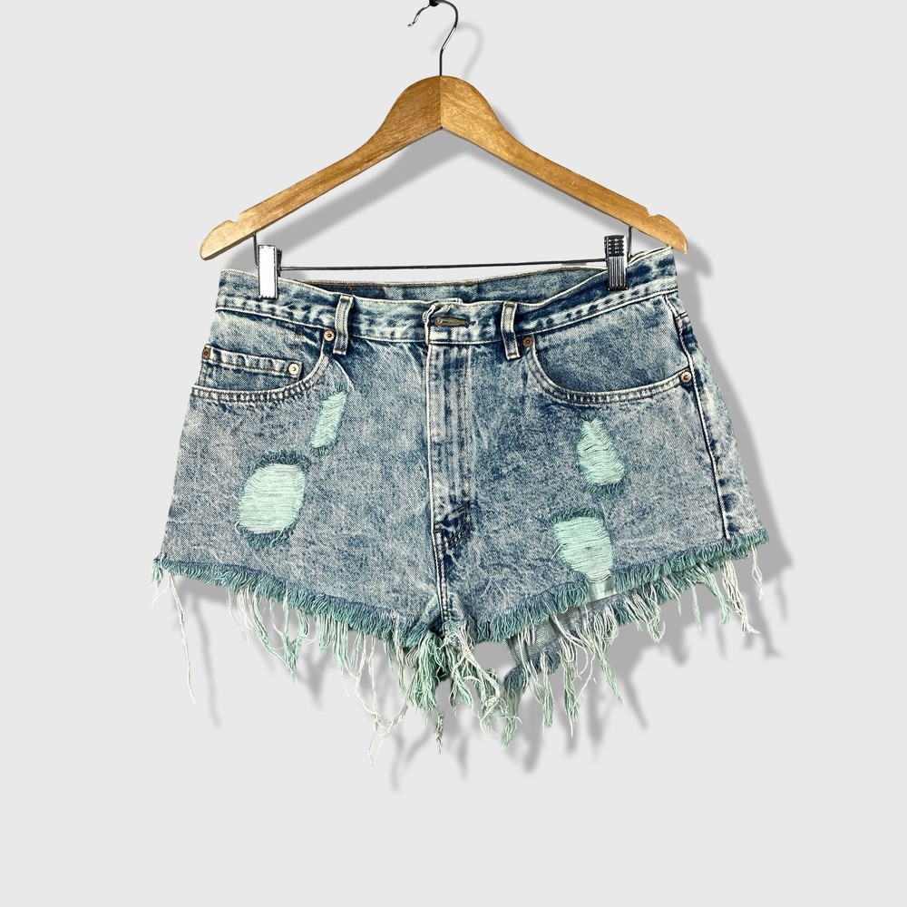 Levis Cut Off Jean Shorts Womens 34 Blue Acid Wash Distressed Grunge Streetwear